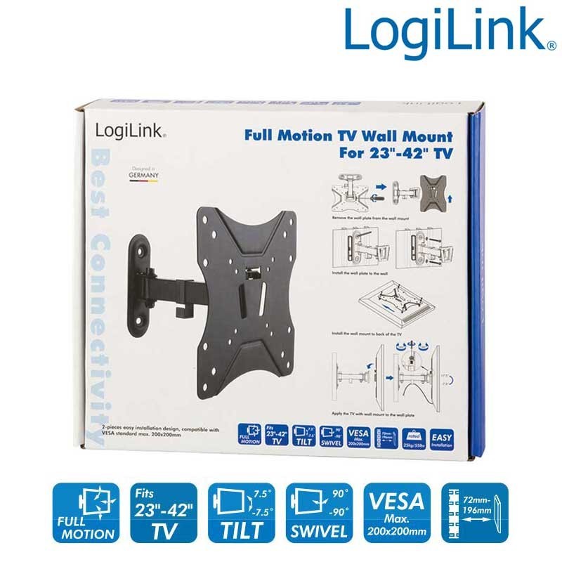 Logilink BP0007 - Soporte TV de Pared, inclinación -7.5º/+7.5º, Giratorio -90º/+90º, 23-42'', 25 kg Logilink BP0007 - Soporte TV de Pared, inclinación -7.5º/+7.5º, Giratorio -90º/+90º, 23-42'', 25 kg