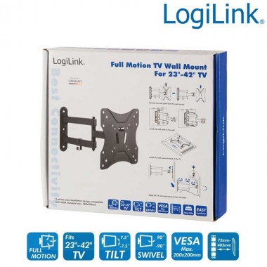 Logilink BP0008 - Soporte TV de Pared, inclinación -7.5º/+7.5º, Giratorio -90º/+90º, 23-42'', 25 kg