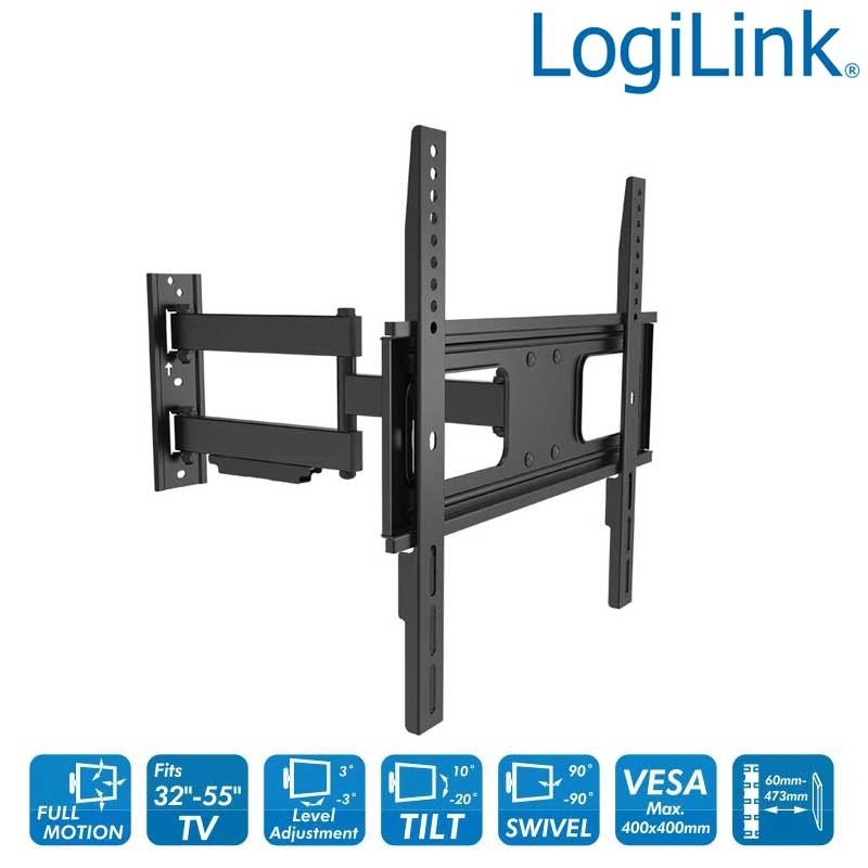 Soporte TV de Pared, inclinación -20º/+10º, Giratorio -90º/+90º, Rotación -3º/+3º, 32-55'', 50 kg