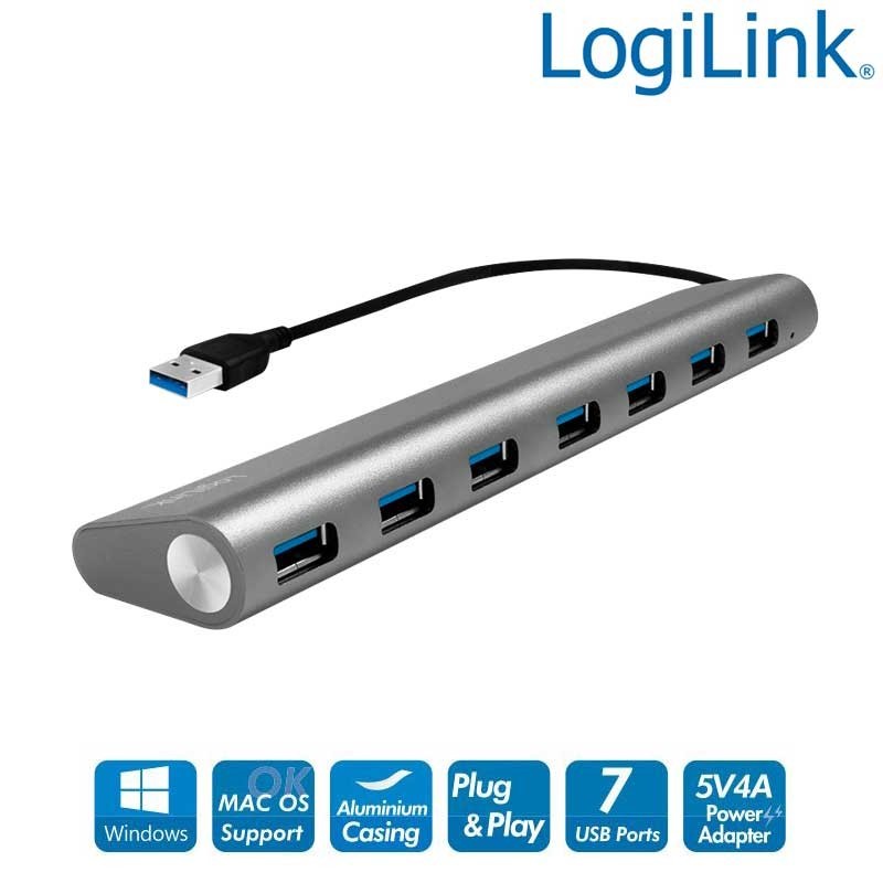 Logilink UA0308 - Hub USB 3.0 de 7 puertos tipo A, Aluminio, Gris Logilink UA0308 - Hub USB 3.0 de 7 puertos tipo A, Aluminio, Gris