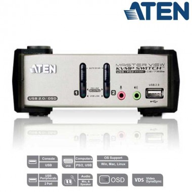 KVM de 2 Puertos USB PS/2 VGA con Audio (Cab USB incl) Aten CS1732B 