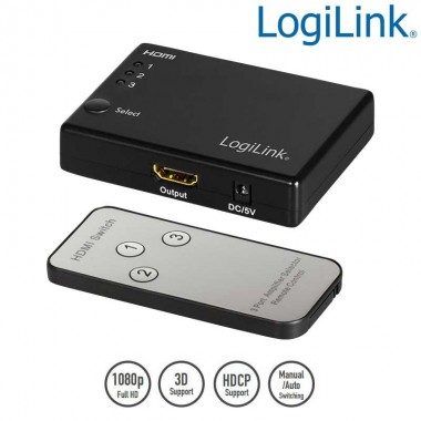 Logilink HD0042 - Conmutador HDMI de 3 puertos, 1080p / 60Hz | Marlex Conexion