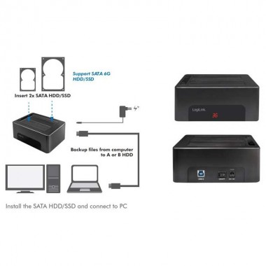 Logilink QP0029 - Docking Station  USB 3.2 Gen1, 2 bahías, para HDD / SSD SATA de 2.5 o 3.5 "