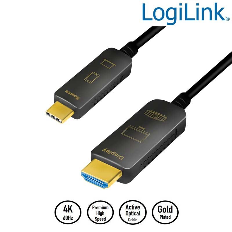 Logilink CUF0102 - 20m Cable USB 3.2 (Gen 2) tipo C Macho a HDMI UHD 4K/60Hz, AOC, Negro