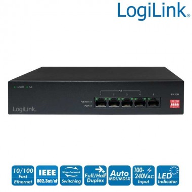 Logilink NS0098 - Switch 5 puertos 10/100 Sobremesa Negro (4 POE)