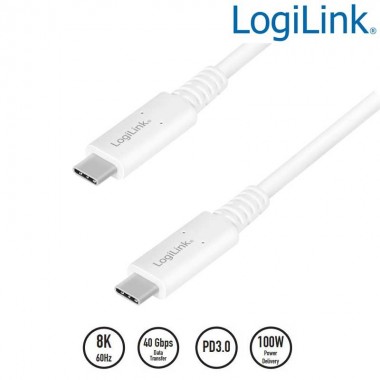 0,8m Cable USB 4.0 (Gen 3) Tipo C, PD, AV, Blanco Logilink CU0180