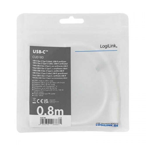 Logilink CU0180 - 0,8m Cable USB 4.0 (Gen 3) Tipo C, PD, AV, Blanco