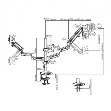 BP0090 - Soporte Triple de Mesa con muelle de gaz para pantallas de 17 a 27''