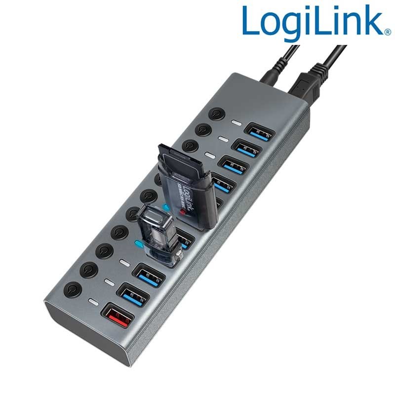 Logilink UA0388 - Hub USB 3.0 de 11 puertos (1 de carga rapida) con interruptor en cada puerto,Aluminio