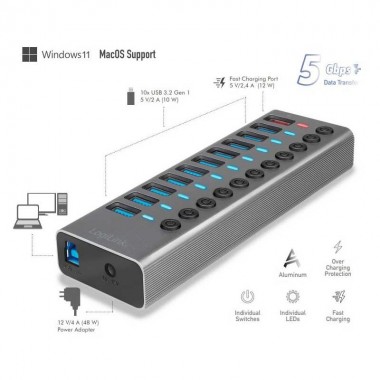 Logilink UA0388 - Hub USB 3.0 de 11 puertos (1 de carga rapida) con interruptor en cada puerto,Aluminio