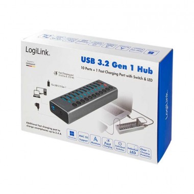 Logilink UA0388 - Hub USB 3.0 de 11 puertos (1 de carga rapida) con interruptor en cada puerto,Aluminio