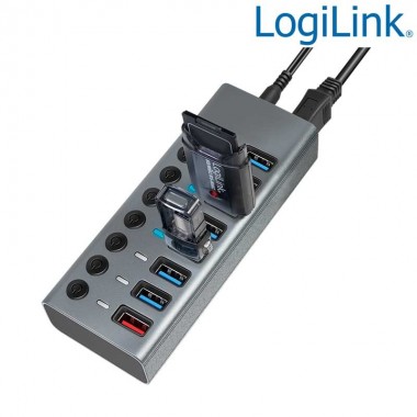 Logilink UA0387 - Hub USB 3.0 de 8 puertos (1 de carga rapida) con interruptor en cada puerto,Aluminio