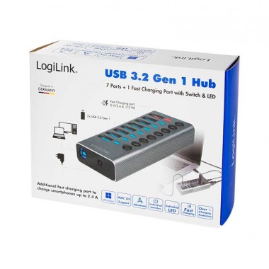 Logilink UA0387 - Hub USB 3.0 de 8 puertos (1 de carga rapida) con interruptor en cada puerto,Aluminio