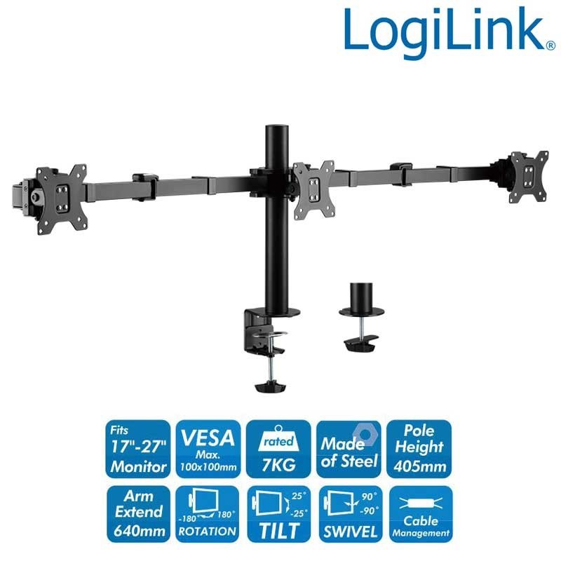 LOGILINK BP0107 - Soporte Triple de Mesa, inclinación -25º/+25º, Giratorio -90º/+90º, Rotación -180º/180º, 17-27''