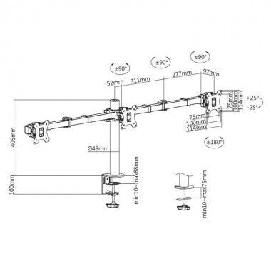 LOGILINK BP0107 - Soporte Triple de Mesa, inclinación -25º/+25º, Giratorio -90º/+90º, Rotación -180º/180º, 17-27''