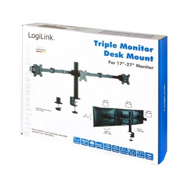 LOGILINK BP0107 - Soporte Triple de Mesa, inclinación -25º/+25º, Giratorio -90º/+90º, Rotación -180º/180º, 17-27''