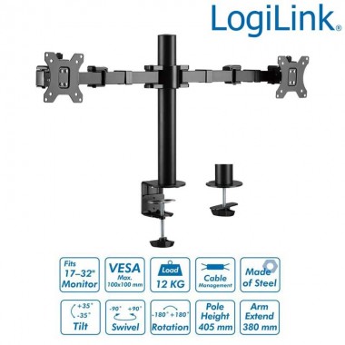 Logilink BP0106 - Soporte Dual de Mesa, inclinación -35º/+35º, Giratorio -90º/+90º, Rotación -180º/180º, 17-32''