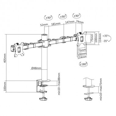 Logilink BP0106 - Soporte Dual de Mesa, inclinación -35º/+35º, Giratorio -90º/+90º, Rotación -180º/180º, 17-32''