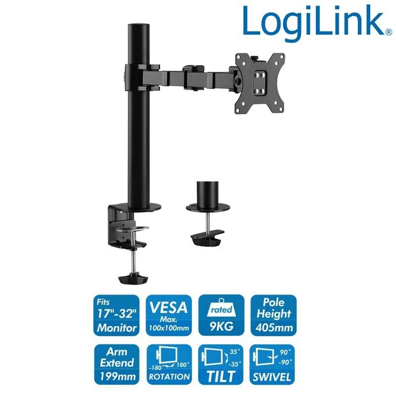 Logilink BP0104 - Soporte de Mesa, inclinación -35º/+35º, Giratorio -90º/+90º, Rotación -180º/180º, 17-32''