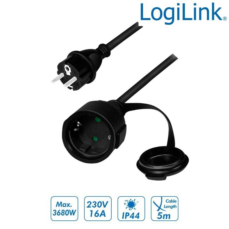 Logilink LPS102 - 5m Cable Alargo Alimentación Schuko, Negro, IP44