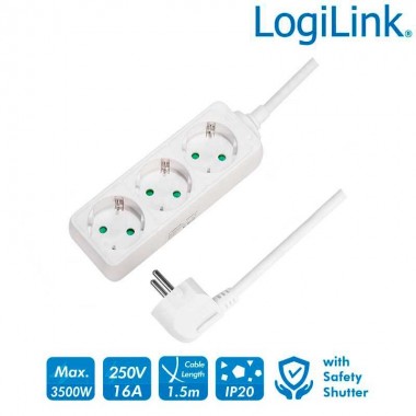 Logilink LPS205 - Regleta de alimentación de 3 tomas Sin Interruptor, Blanco | Marlex Conexion
