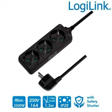 Logilink LPS205B Regleta de alimentación 3 tomas Sin Interruptor Negro