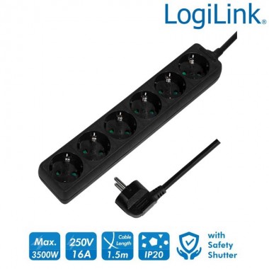 Logilink LPS238B Regleta de alimentación 6 tomas Sin Interruptor Negro