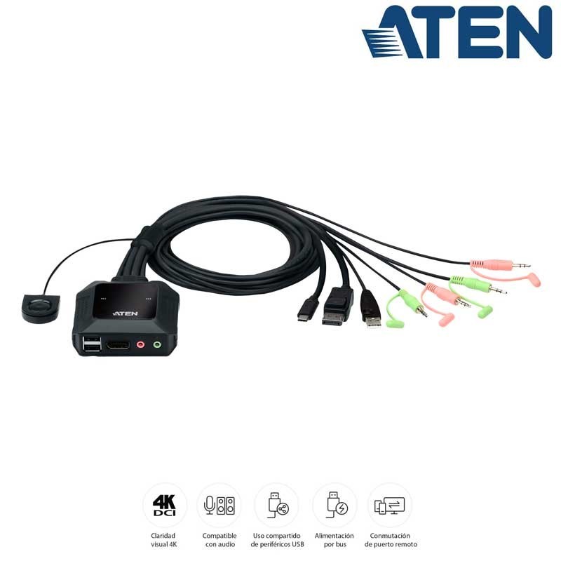 Aten CS52DP - KVM Híbrido de 2 Puertos (1 USB/Display Port y 1 USB C) 