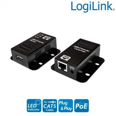 Logilink UA0267 - Extensor USB 2.0 sobre Cat.5e/ 6 (50m), Carcasa metalica, POE, Negro