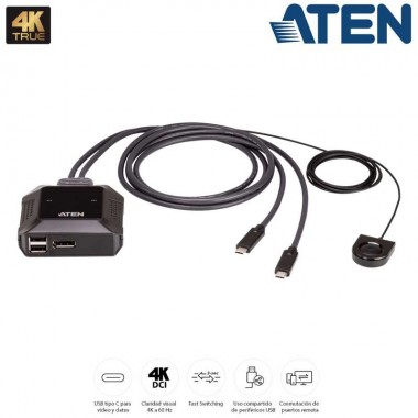 Aten US3312 - KVM DisplayPort 4K USB-C de 2 puertos con selector de puertos remoto