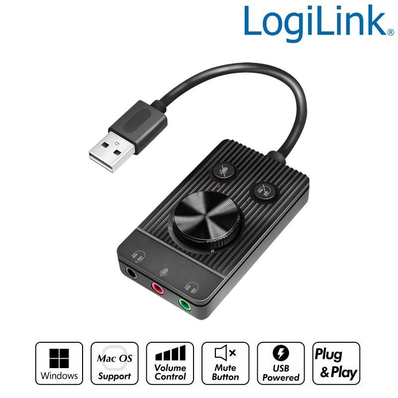  Logilink UA0397 - Adaptador de audio USB 2.0 con control de volumen, 3x 3,5 mm/F, negro