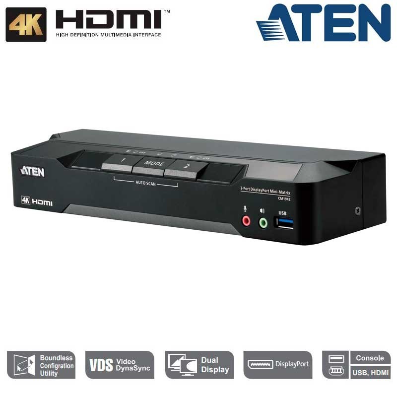 Aten CM1942 - Conmutador KVM Boundless Switching Mini-Matrix dual DisplayPort 4K de 2 puertos