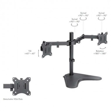 Soporte Dual de Mesa, Inclinación -45º/+45º, Giratorio 180º, Rotación 360º, 13-27''
