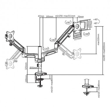 BP0089 -Soporte Doble de Mesa con poste,muelle de gaz para pantallas planas y curvadas de 17 a 32''