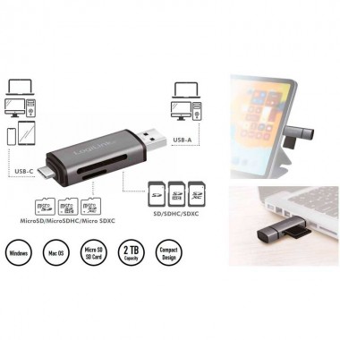 Logilink CR0043 - Lector de tarjetas USB 3.2 Gen1, para tarjeta SD y microSD, caja de aluminio