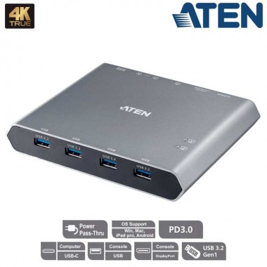 ATEN US3311 - Conmutador KVM 4K DisplayPort USB-C de 2 puertos con pasarela de alimentación