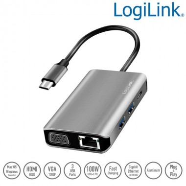 Logilink UA0383 - Docking station USB-C 3.2 Gen 1 a HDMI -VGA-LAN-USB-C PD- 3 USB A 3.0