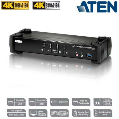 Aten CS1924 - KVM de 4 Puertos USB 3.0 DisplayPort 1.2, 4K con Audio