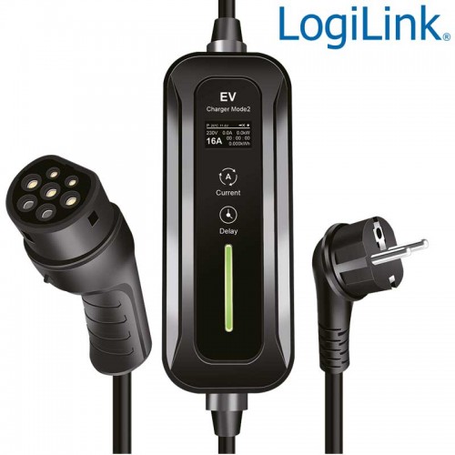 Logilink EVL0100 - Estación de carga portatil para vehículos eléctricos, CEE 7/7 a tipo 2, monofásica, 16 A, 3,6 kW