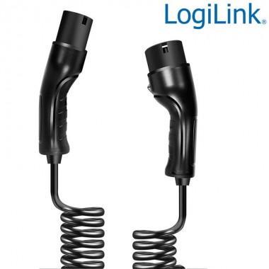Logilink EVC0127 - 5m Cable Espiral de carga para vehículos eléctricos, tipo 2, trifásico, 32 A, 22 kW, con bolsa