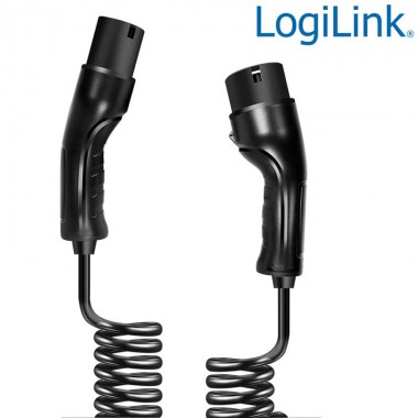 Logilink EVC0127 - 5m Cable Espiral de carga para vehículos eléctricos, tipo 2, trifásico, 16 A, 11 kW, con bolsa