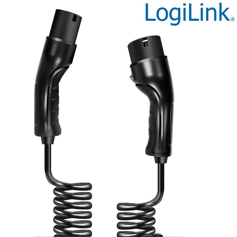 Logilink EVC0127 - 5m Cable Espiral de carga para vehículos eléctricos, tipo 2, trifásico, 16 A, 11 kW, con bolsa Logilink EVC0127 - 5m Cable Espiral de carga para vehículos eléctricos, tipo 2, trifásico, 16 A, 11 kW, con bolsa