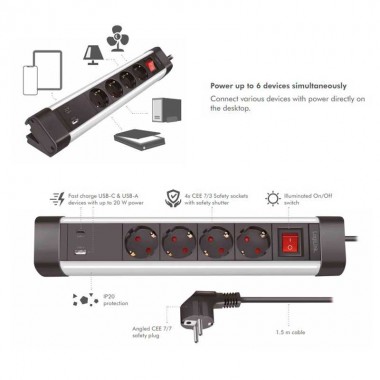 Logilink LPS278U - Regleta de alimentación de 4 tomas con interruptor y 2 USB