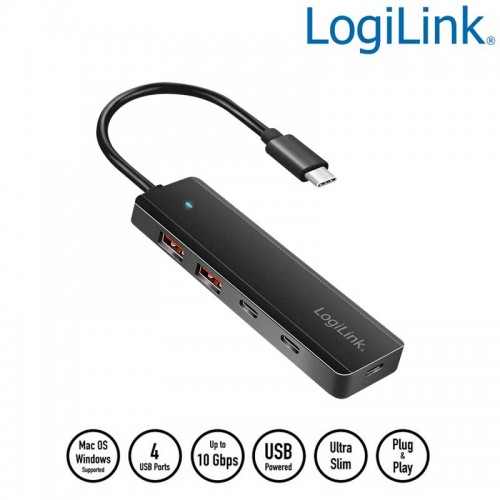 Logilink UA0412 - Hub Ultra-Slim USB-C 3.2 Gen 2 de 4 puertos, 2 USB-A y  2  USB-C , Negro