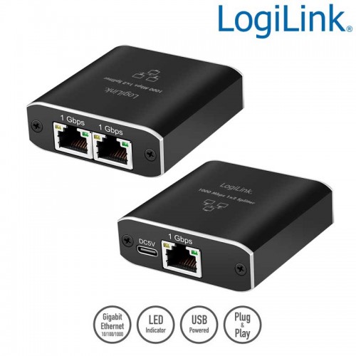 Logilink NS0011 - Splitter Gigabit Ethernet 1 a 2, 1000 Mbit/s, con alimentación USB
