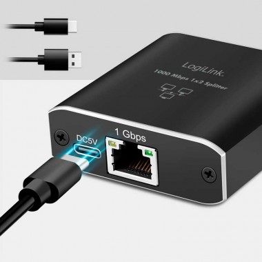 Logilink NS0011 - Splitter Gigabit Ethernet 1 a 2, 1000 Mbit/s, con alimentación USB