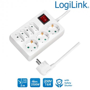 Logilink LPS21  - Regleta de alimentación de 7 tomas (3x CEE 7/3 y 4 x CEE7/16) con Interruptor, Blanco
