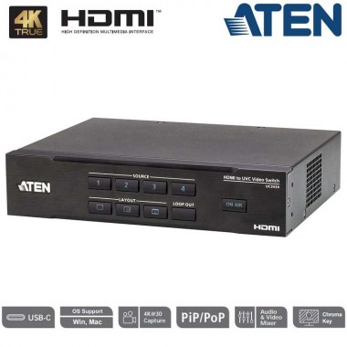 Aten UC3430 - Conmutador de vídeo HDMI a USB de 4 entradas CAMLIVE™ PRO 4K