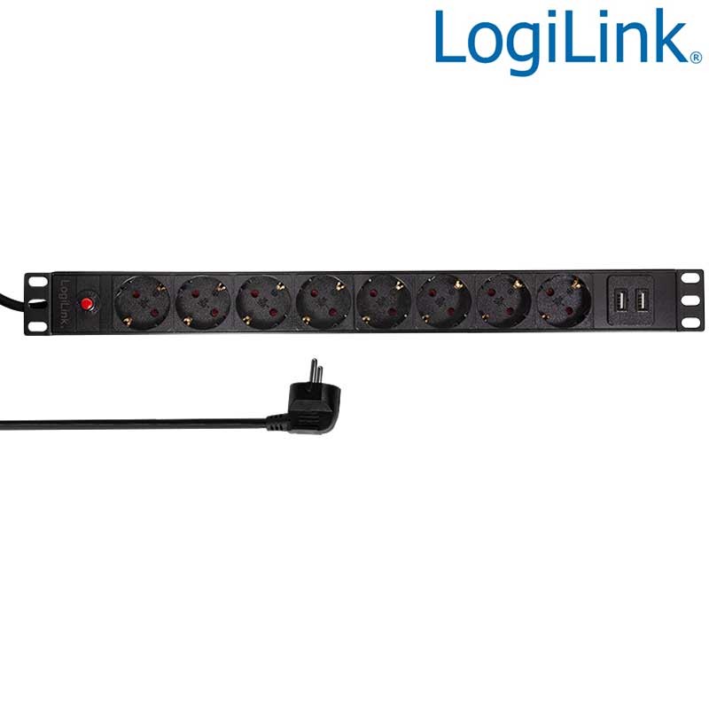Logilink PDU8C02 - Regleta de alimentación Rack 19" de 8 tomas, 2 USB, Protegida, sin interruptor