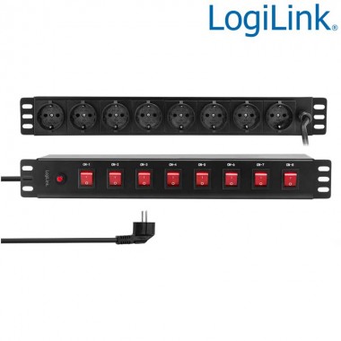 Logilink PDU8D01 - Regleta de alimentación Rack 19" de 8 Tomas protegida con 8 interruptores